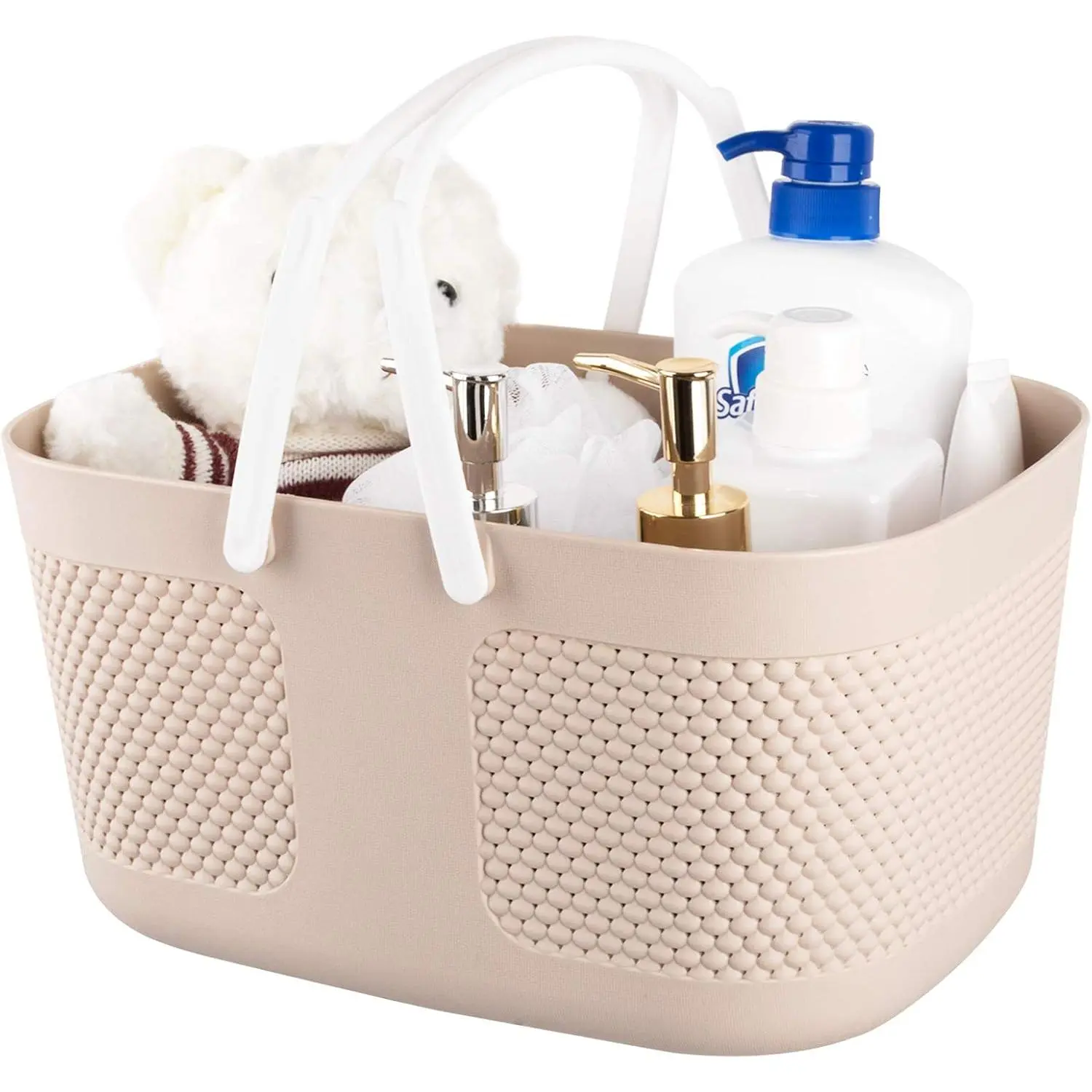 Portable Shower Caddy Basket - Large Capacity Thickened Plastic Storage Tote with Handles, Drainage Holes, Toiletry Organizer for Bathroom, College Dorm, Kitchen, Camp, Gym (Khaki)