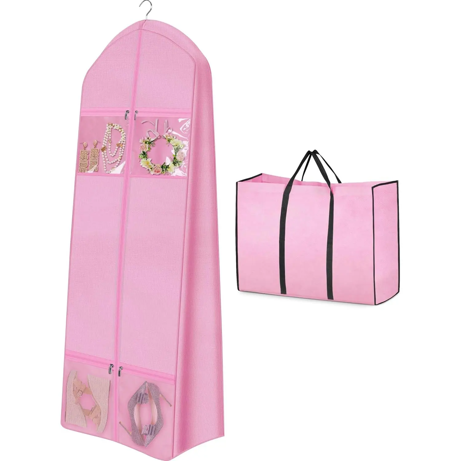 70" Wedding Dress Garment Bag with Bride Tote Bag 8'' Gusseted Wedding Dress Bags for Gowns Long 4 Pockets Dress Cover for Women, Pink