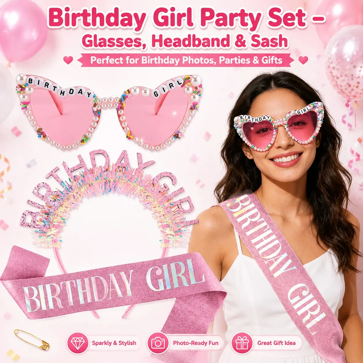 3-Piece Girls' Birthday Party Set, Birthday Glasses, Crown Headband, Birthday Shawl, Perfect for Photoshoots and Celebrations