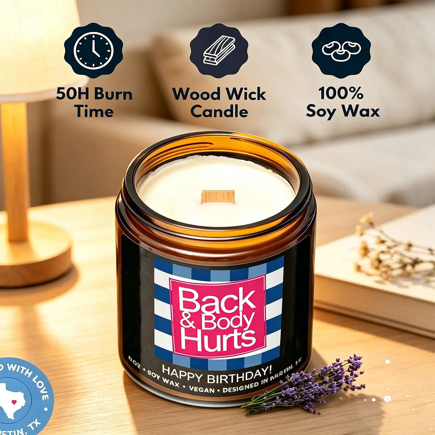 Funny Back & Body Hurts Birthday Scented Candle, 9oz Amber Jar Wood Wick Soy Candle, 50 Hours Long Lasting Burn Vegan Aromatherapy Candle, Humorous Novelty Birthday Gift for Women Friends Coworkers