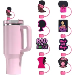 8Pcs Pink Black Girl Straw Covers Cap for Stanley Cup, Stanley Cup Accessorie, Cute Silicone Straw Topper Compatible with 10mm/0.4in Diameter Straws, Reusable Dust-Proof Tips