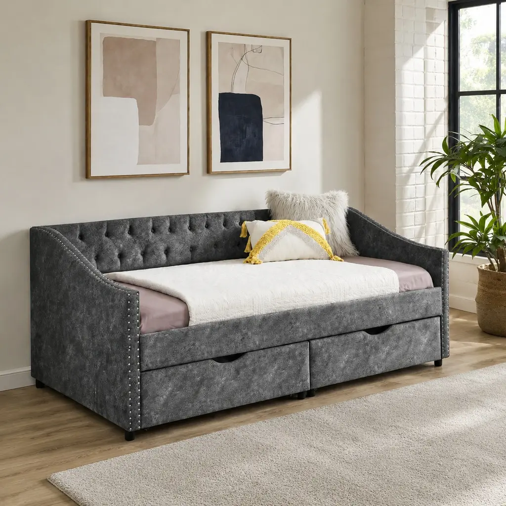 Mid-Century Modern Twin Size Convertible Sofa Bed - Compact 2-In-1 Polyester Storage Couch for Living Rooms, Guest Room, Tufted Back, Nailhead Trim, Drawers, Durable Foam, Grey, 81.5"w x 41"d x 30.5"h, Plastic, Assembly Required, Power Drill Compatible