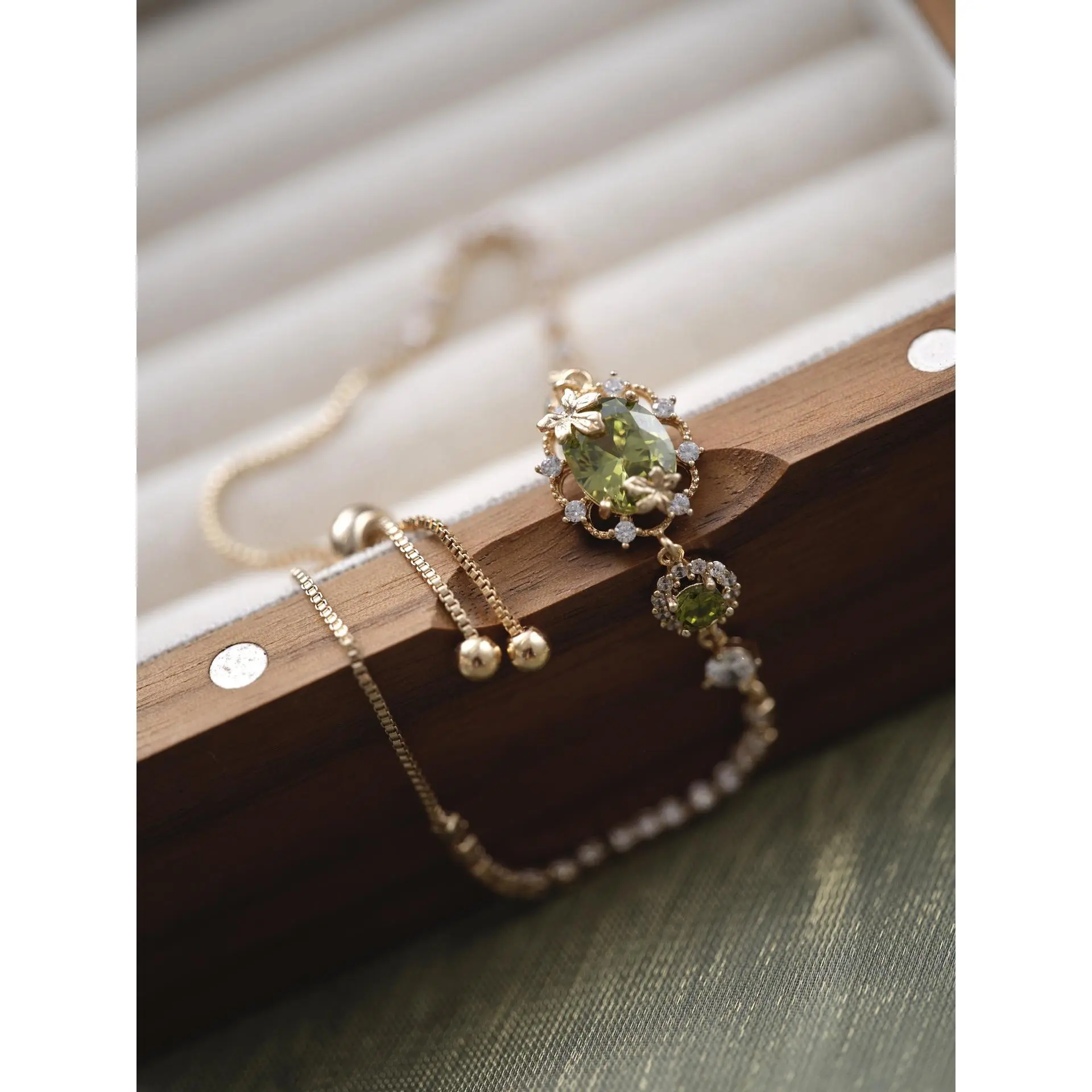 DOUX Non-Natural Crystal Station Bracelet, Olive Green, Floral Motif, Crystal Beads Jewelry Accessory