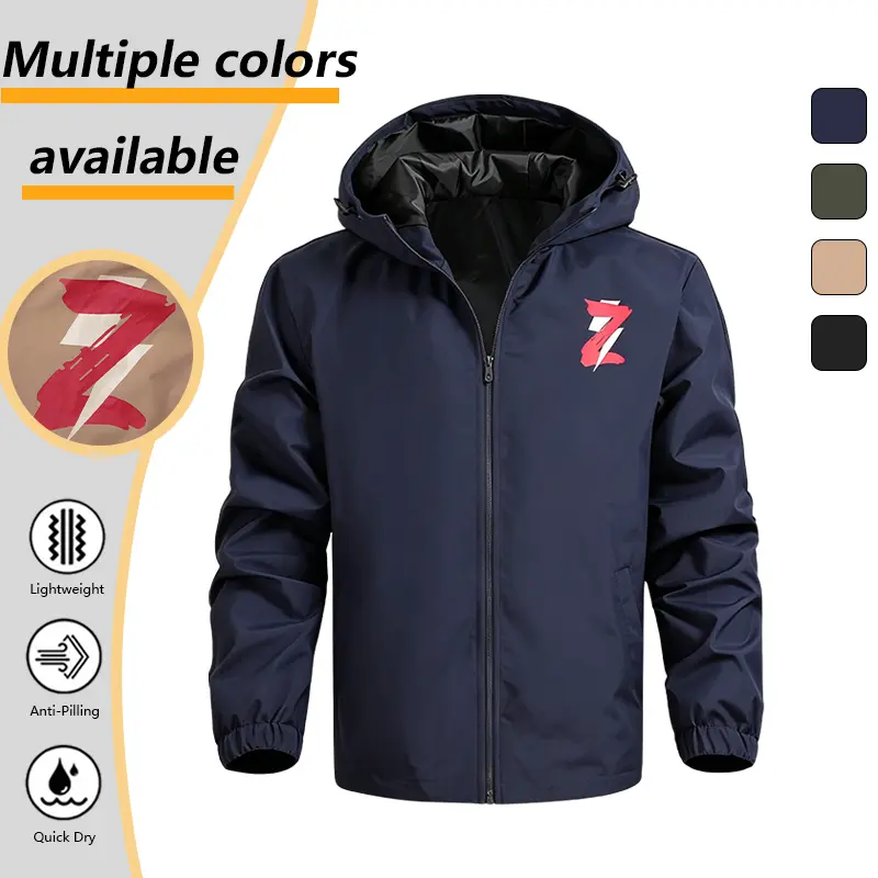 Men Attached Fixed Hood Windproof Jacket, Chest Z Letter Print Full Zip Quick Dry Coat, Elastic Cuff Adjustable Drawstring Hood Lightweight Anti-Pilling Outerwear for Street Daily Outdoor, 4 Solid Color Options