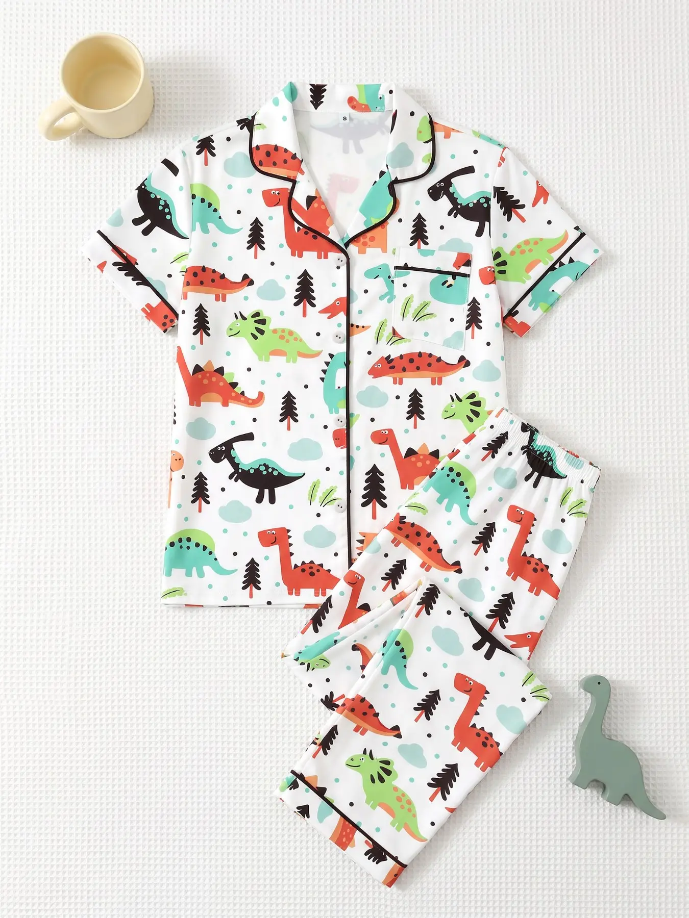 Women's 2-Piece Pajama Set, Short Sleeve Button-Up Shirt and Pants, Cartoon Dinosaur Print, Casual Home Wear, All Seasons