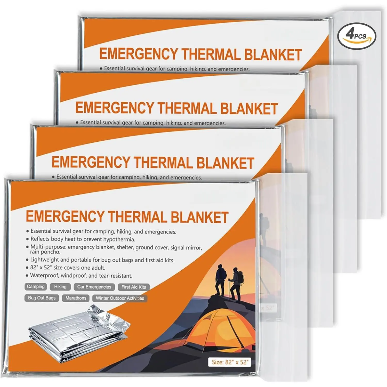 Mylar Thermal Blankets 4-Pack - 82"x52" Space Blankets for Camping, Hiking, ,  ,  Out Bag, and Cold Winter Outdoor Activities