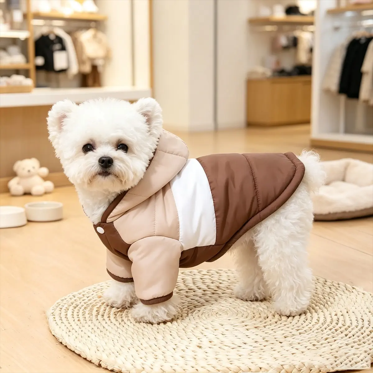 Autumn Winter Hooded Dog Jacket, Thick Warm Pet Clothes, Windproof Insulated Lining, Striped Design, Easy-On Button Closure, Multiple Colors