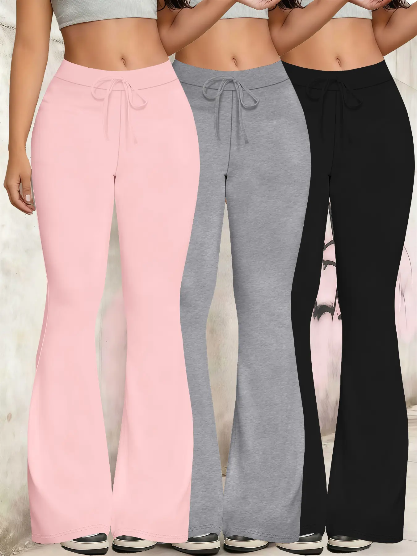 3-Pack Fashionable Women's High-Waisted Drawstring Flare Yoga Pants Set, American Hot Girl Style Flare Sweatpants/Fitness Flare Pant Girl Style Women's Set Suitable for Daily Casual Wear
