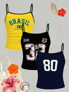 3-Pack Girls' Sporty Floral Print Camisoles, Brazilian Style, Size 80 and Size 32 Digital Printed Lightweight Breathable Thin Strap Camisoles, in Yellow, Navy Blue, and Black, Suitable for Girls and Teenagers, Sleeveless Casual Vests Tops