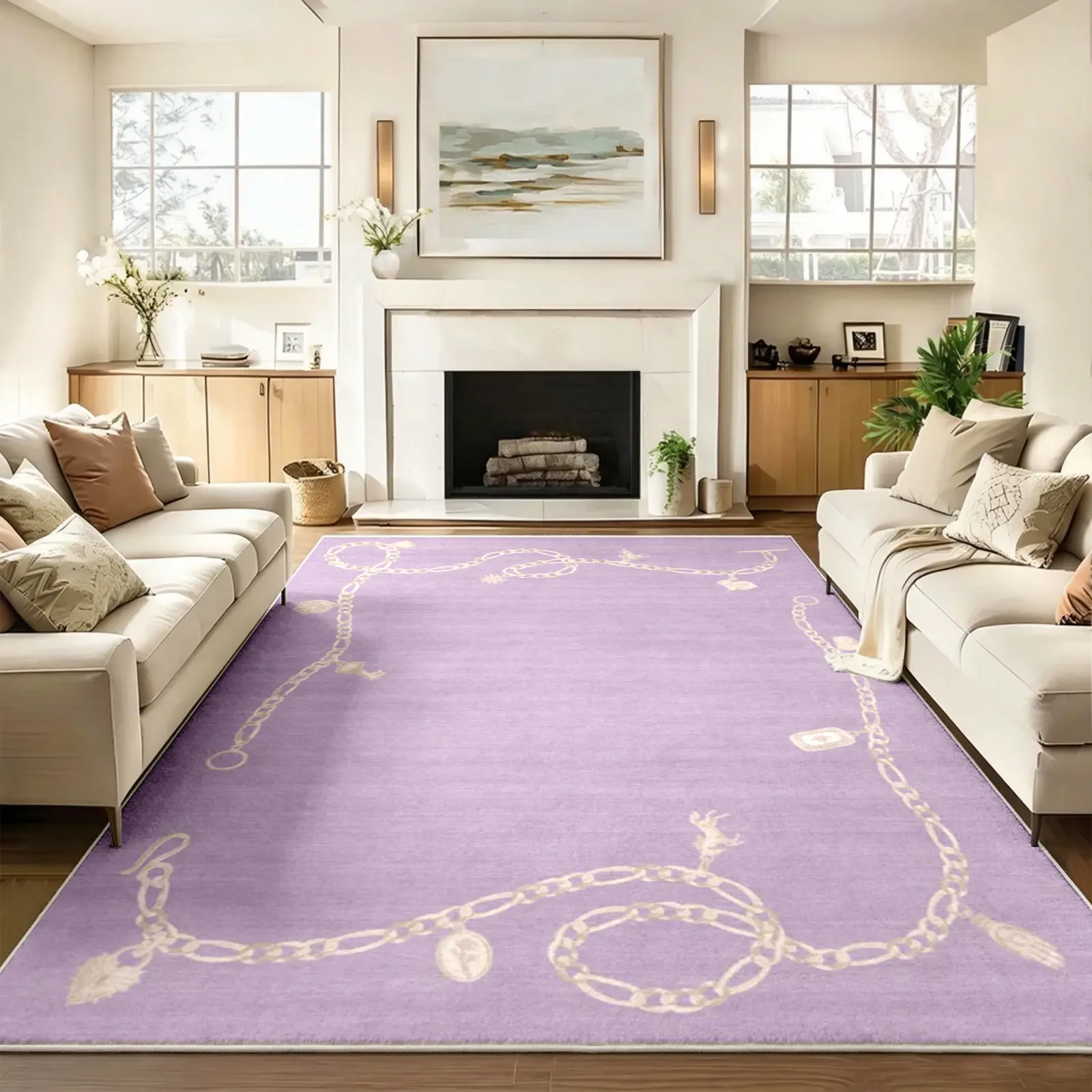 1 PC Lavender Purple Gold Chain Border Area Rug, Non-Slip Machine Washable Soft Low Pile Carpet, Durable Stain-Resistant Faux Cashmere Texture Floor Mat for Living Room Bedroom Vanity Sunroom, Aesthetic Coquette Glam Room Decor (Multiple sizes)