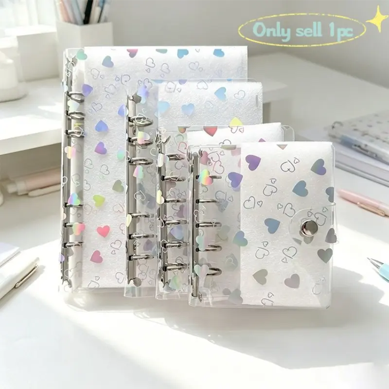 1pc Laser Heart Transparent PVC Cute Binder Cover, Reusable Snap Closure, A5 A6 A7, Holistic Heart Binder, Round Hole for Accessories