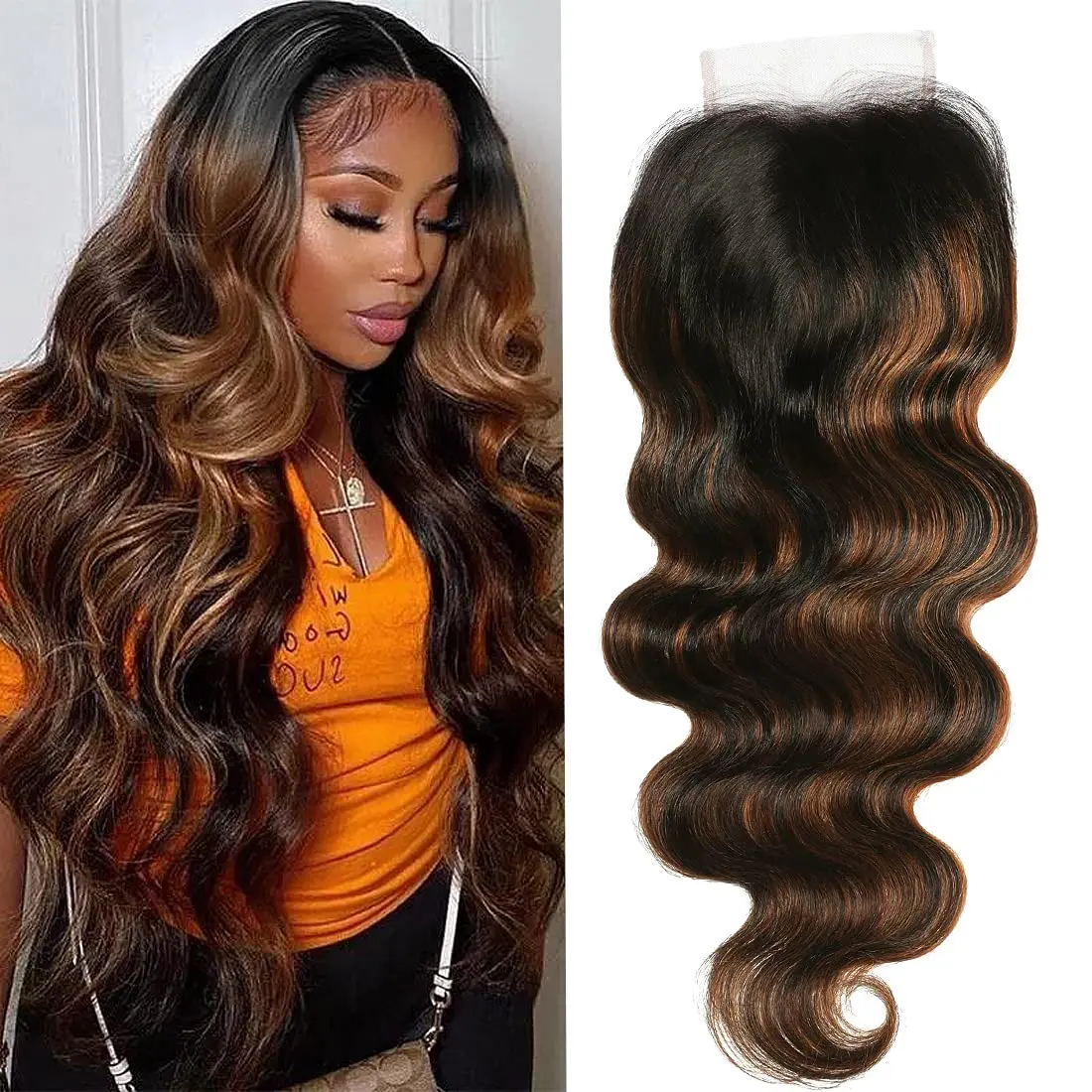 Ombre Highlight  Wave 4x4 Lace Closure Free Part, Brown Human Hair Wavy Closure with Dark Roots FB30 Color 16 inch