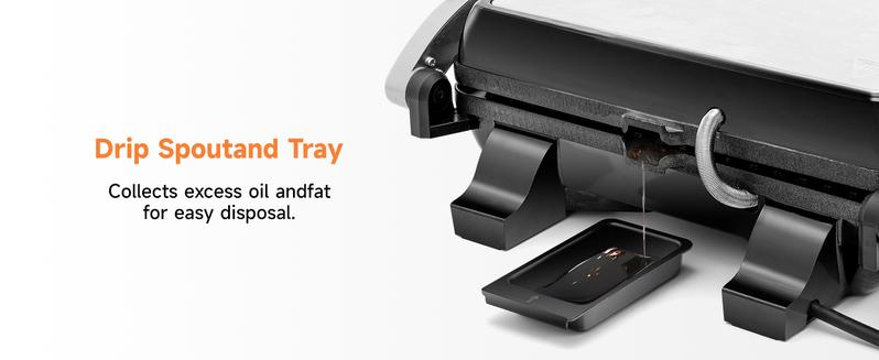 SUSTEAS Compact Indoor Grill – Features a non-stick surface, 180° adjustable lid for even heat distribution, and space-saving foldable design. Perfect for meats, veggies, and quick meals.