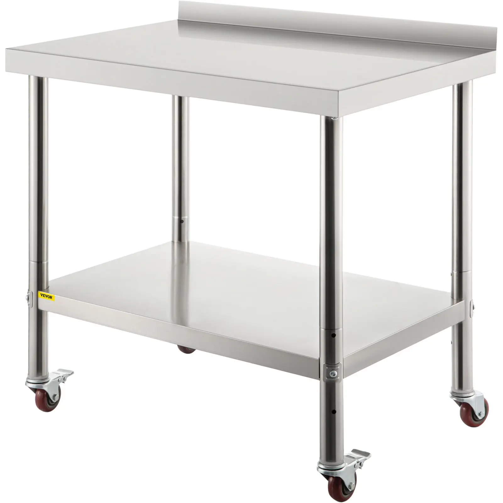 toolupgrade VEVOR Rectangular Stainless Steel Kitchen Prep Table, 30x24x35", 150kg (33.1 lbs) Load Capacity, Heavy-Duty Worktable with Backsplash, Adjustable Undershelf, 4 Casters, Solid Surface for Commercial Kitchen Use (Easy Installation)