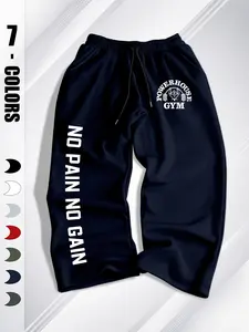 American Retro Fitness Slogan Men's Pants, Multi-Color Drawstring Pocket Straight Leg, Letter Dumbbell Print, Fashion Slimming Casual Long Pants