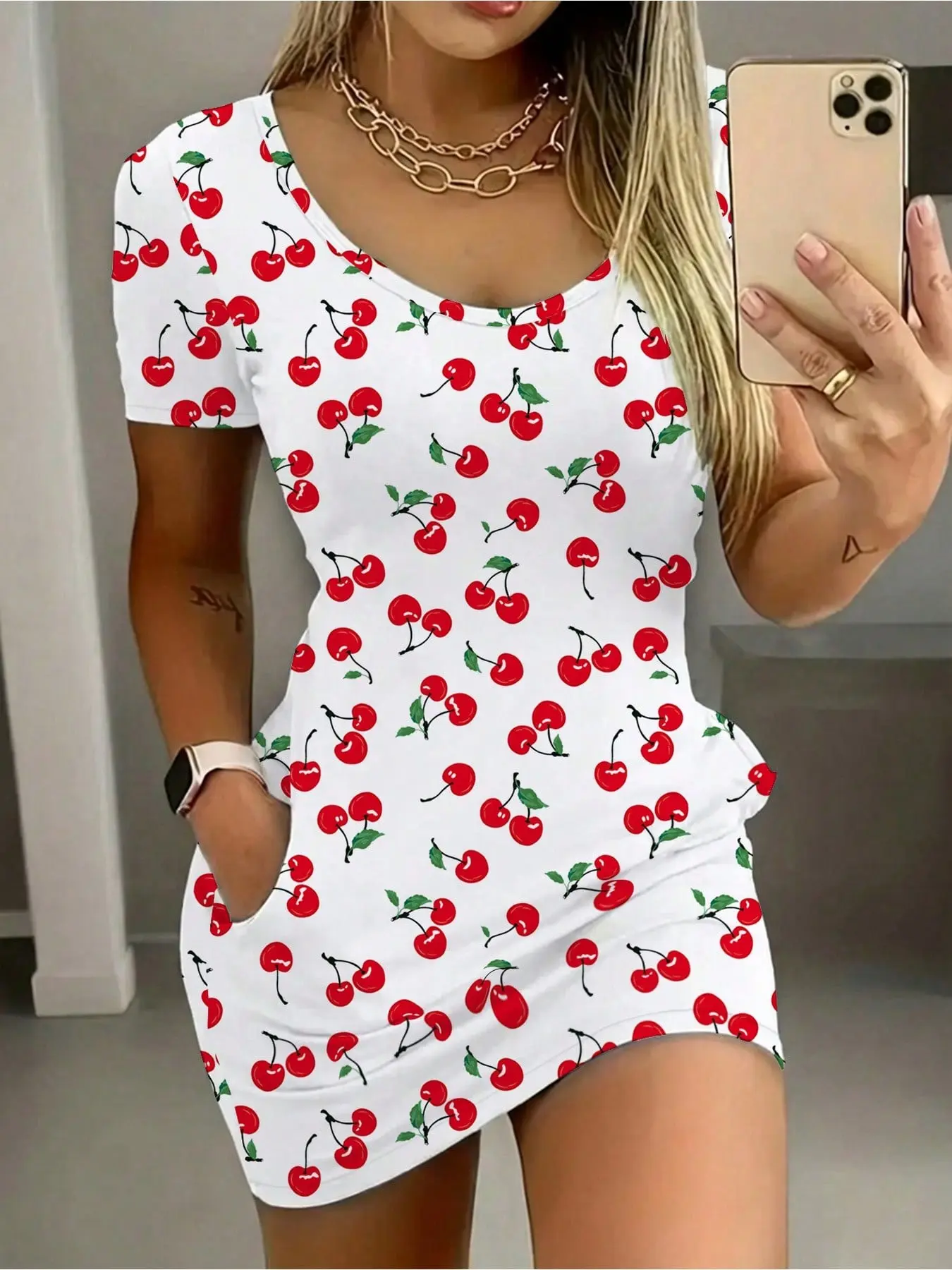 Women Cute Cherry Fruit Print U Neck Pocket Bodycon Mini Dress, Quick-Dry Cooling Stretch Fabric, Perfect for Beach & City Nights