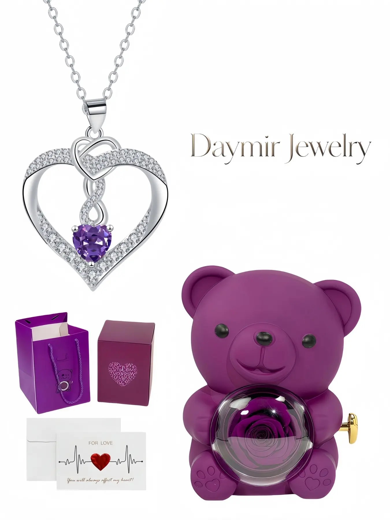 "Twin Heart Bond Vow", new elegant premium amour heart pendant gem necklace paired with lovely rotating rose bear jewelry box, a mysterious exquisite jewelry gift for birthdays, Mother's Day, Valentine's Day and Christmas.