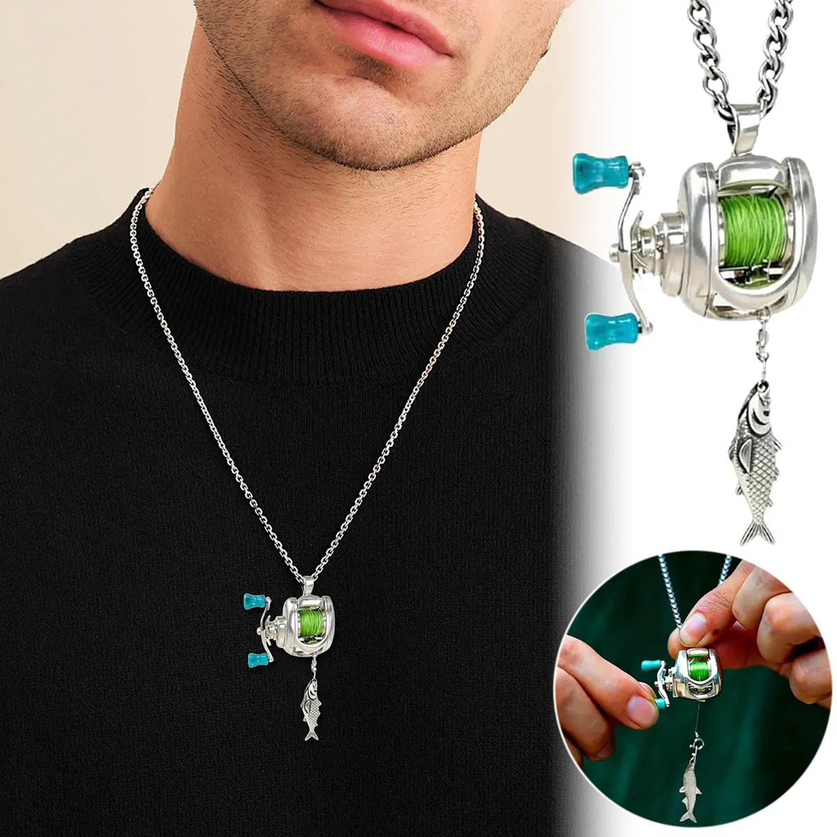 Mini Fishing Reel Necklace – Stainless Steel Interactive Pendant with Rotatable Handle & Adjustable Real Line, Silver Fish Charm, 60cm Chain, Fidget Gift for Anglers Men Women, Keychain Bag Charm