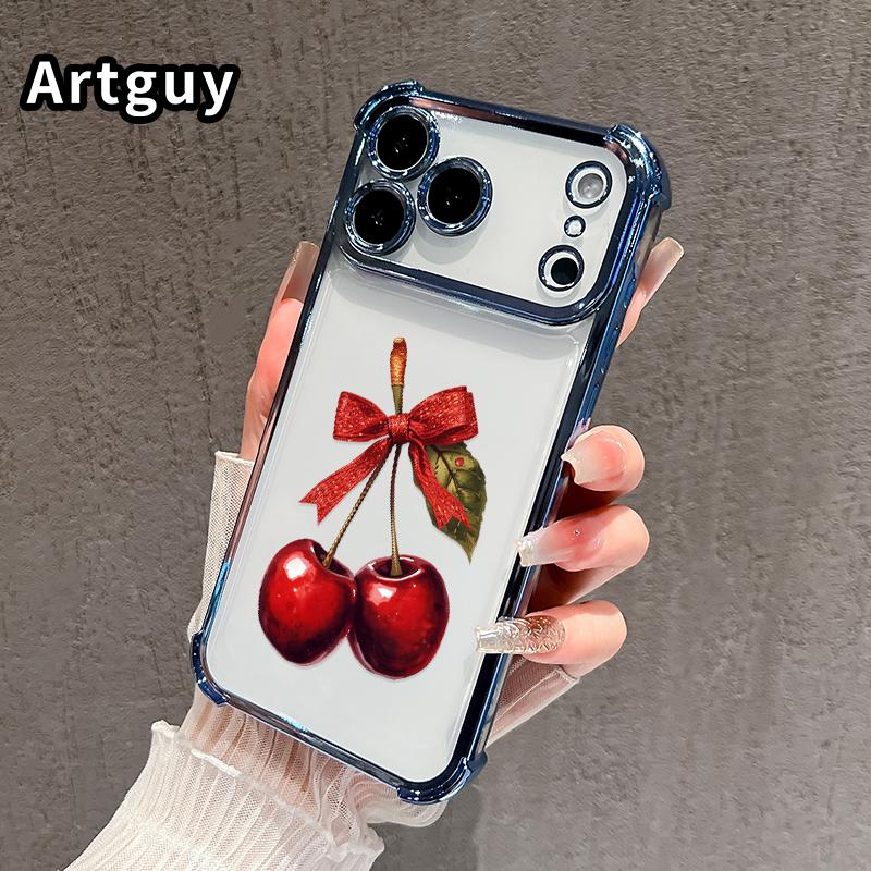 Compatible with iPhone 17 16 Pro Max 15 Plus 14 13 12 11 E Air Phone Case Cherry with Bow Pattern Transparent Full Coverage Four Corners Anti-drop Casing