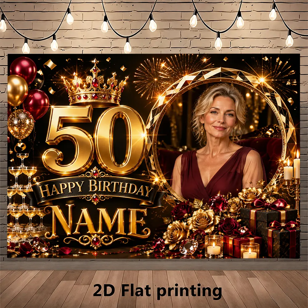 Customizable Name Hanging 50th Birthday Photo Backdrop, Polyester Gold Crown Banner, Festive Home & Party Room Decorations