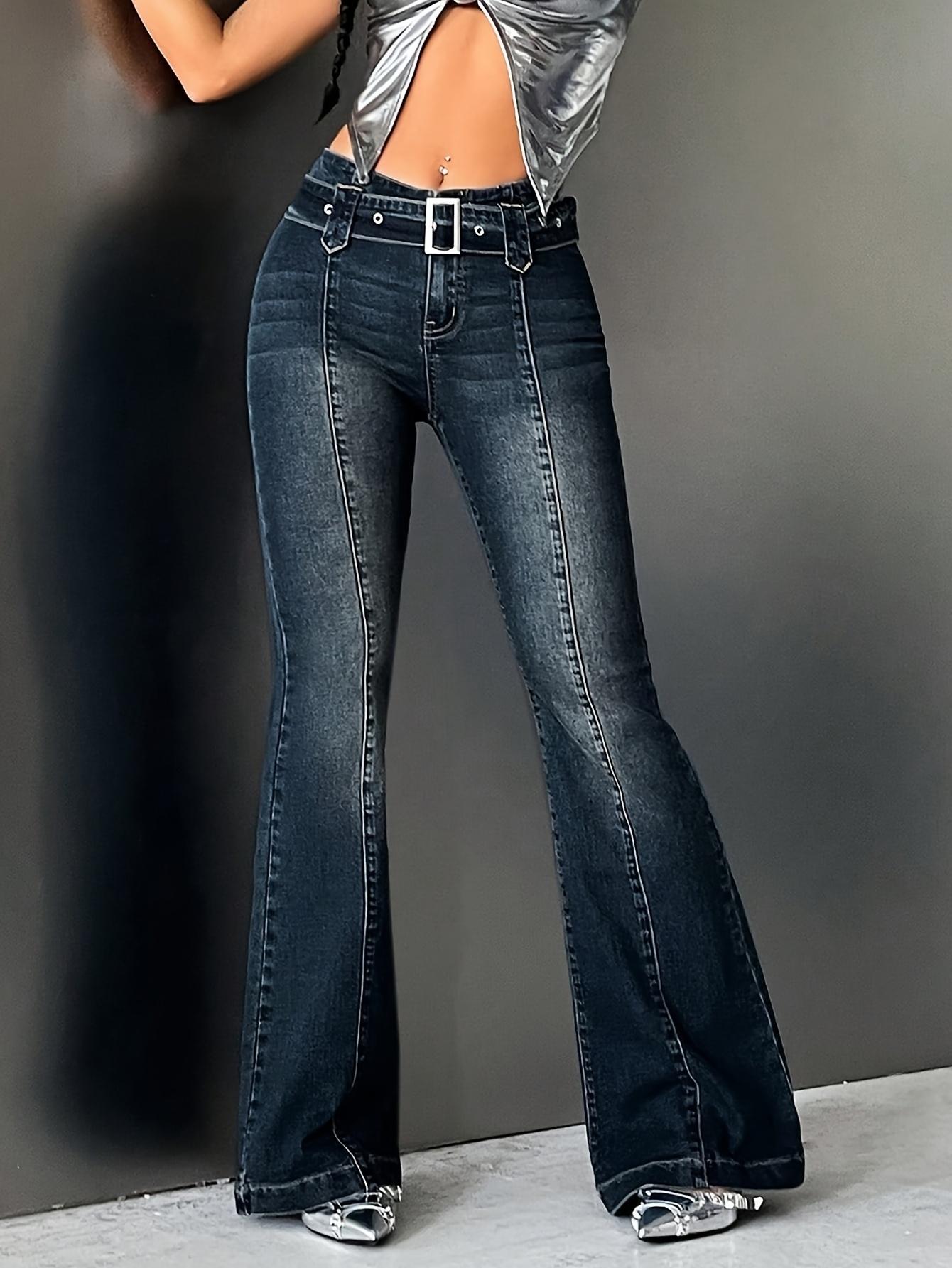 [Elegant Flared Jeans] Women's Elegant High Waisted Vintage Blue Flared Jeans - Stretch Fabric, Flared Trousers with Slash Pockets And Button Closure Design, A Versatile Item for All Seasons!