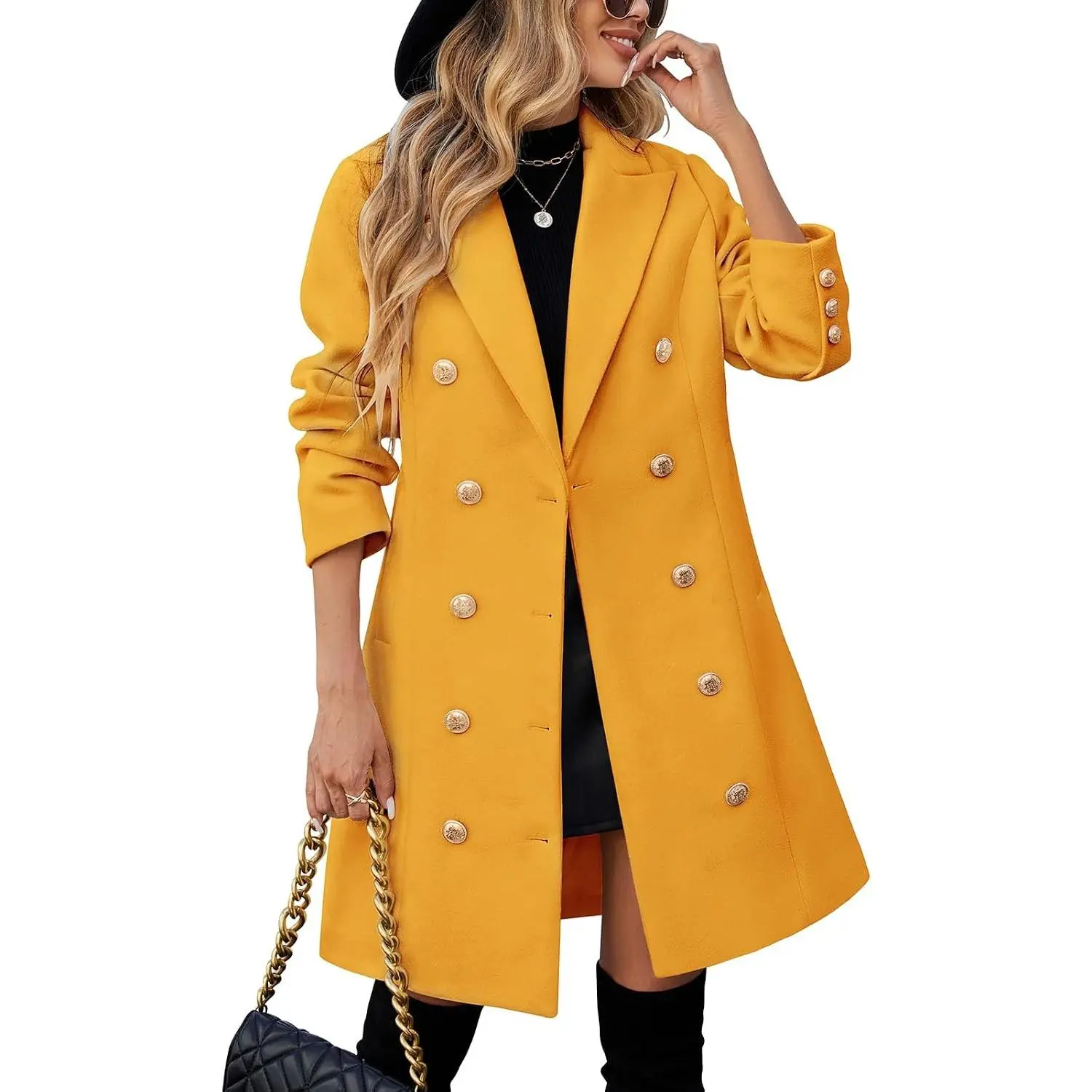 Women's Fall Winter Double Breasted Wool Coat, Trendy Elegant Midi Trench Peacoat, Work & Casual Jacket Coat