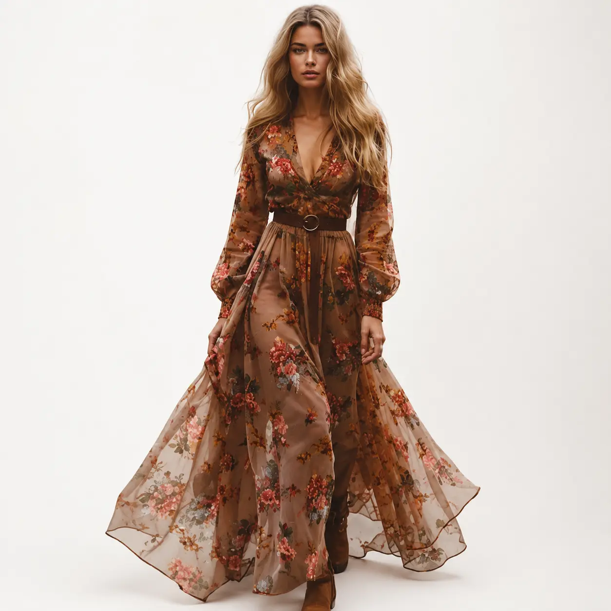 Daily Active House Women's Chiffon Maxi Dress with Digital Botanical Print, V-Neck Full Sleeve Gown with Fitted Waist for Autumn Dates, Long Sleeve, Floral, Full Sleeves