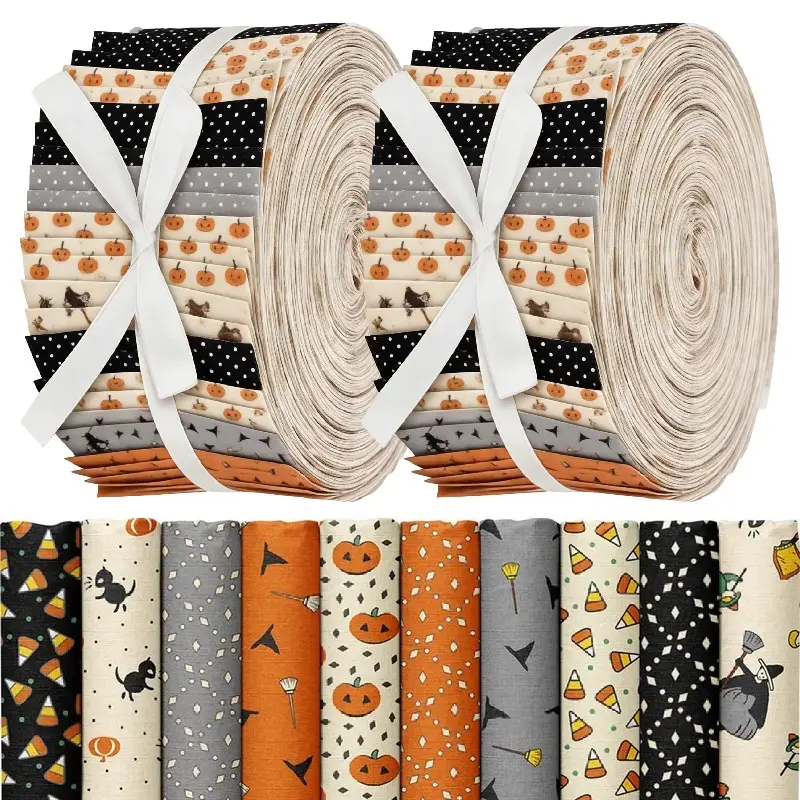 40Pcs Halloween Theme Fabric Strips Precut Quilting Strips 2.48x19.7 Inch Spooky Patterns Cotton Fabric Rolls for Festive DIY Sewing and Doll Costumes