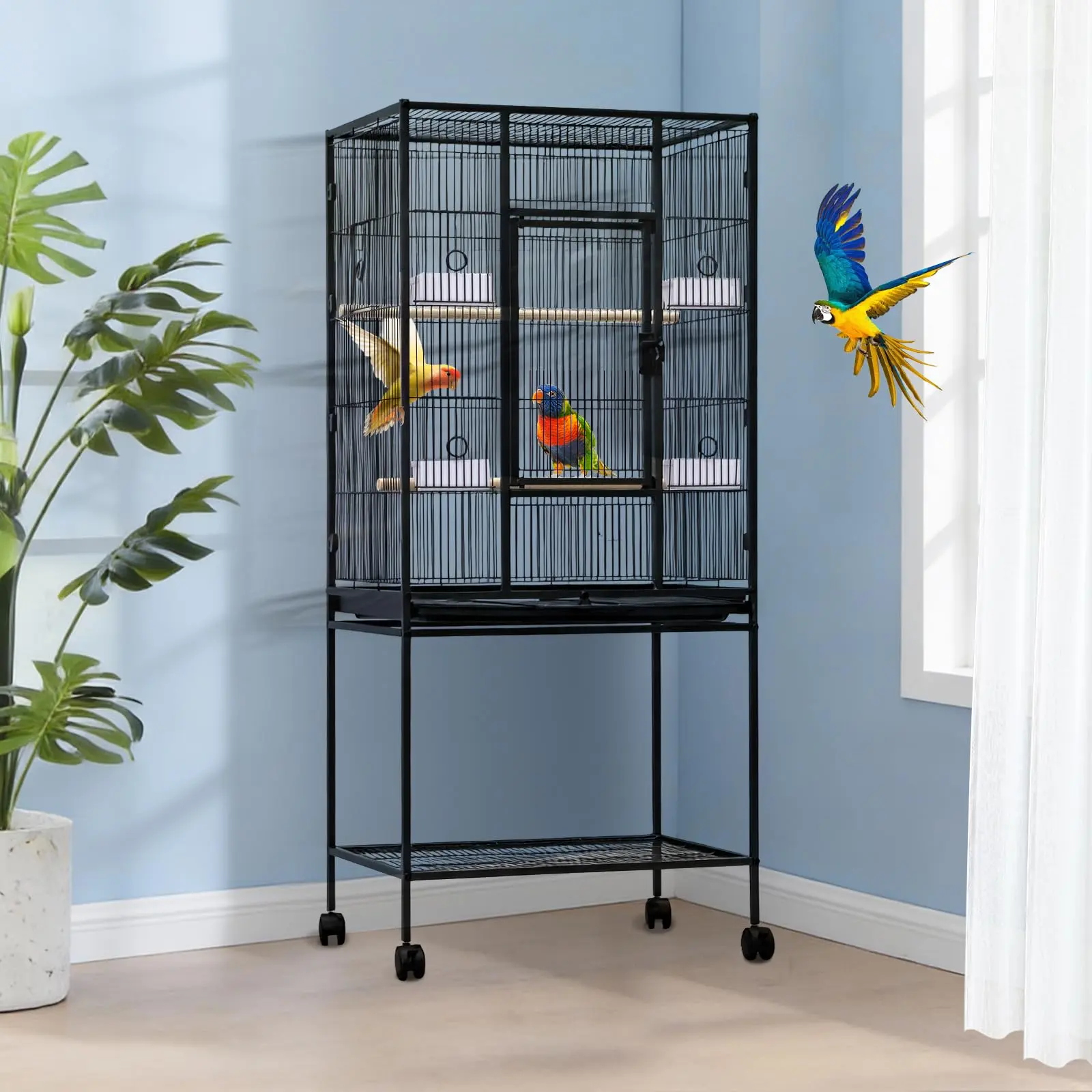 Bird Cage for Parrots – 19"/24"/31" Sizes, Wrought Iron with Divider Tray & Rolling Stand – for Cockatiels, Conures, Lovebirds & Parakeets