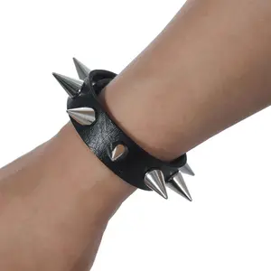 2pcs/set Spiked Bracelet Black Pu Leather Punk Rock Bracelet Bangle Metal Wristband For Men Goth Accessories