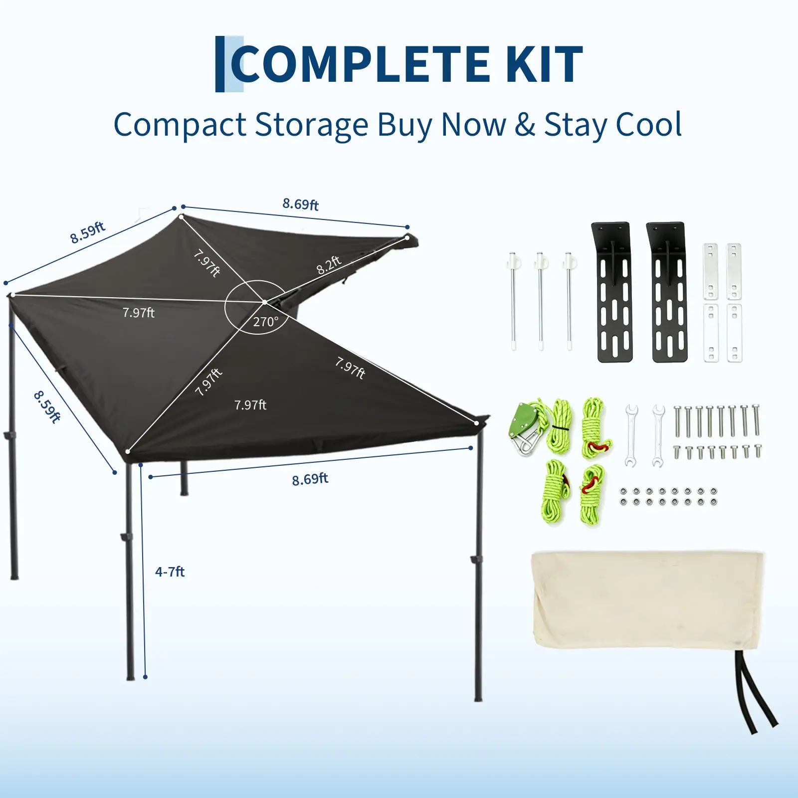 270° All-Weather RV Side Awning, 2M Heavy-Duty Retractable Waterproof Blackout Canopy, Outdoor Sun Shelter Designed for RV Passenger Side