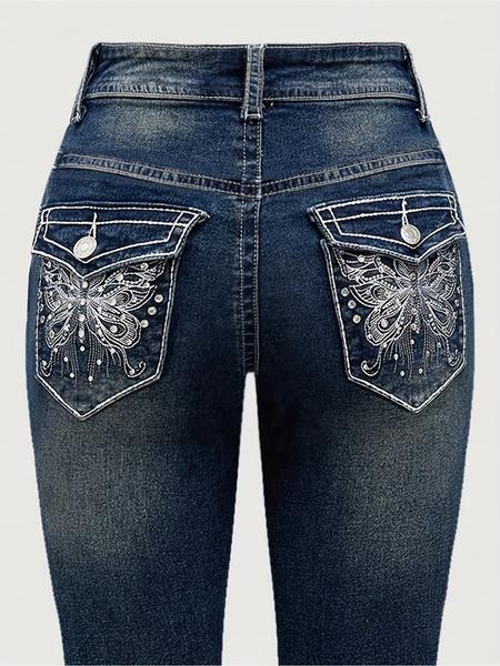 Women's Elegant Fitted Denim Jeans, Hand Embroidered Back Pockets, Rhinestone Detailing, Comfortable Stretchy Washed Look