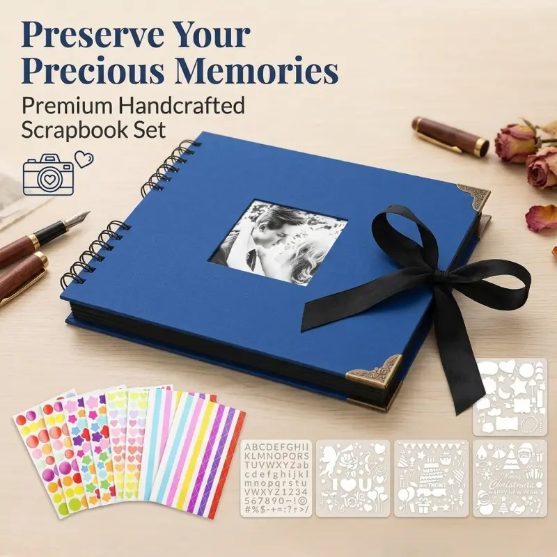 DIY Scrapbook Photo Album - Blue Hardcover Memory Book with Stickers & Stencils for Creative Journals & Keepsakes
