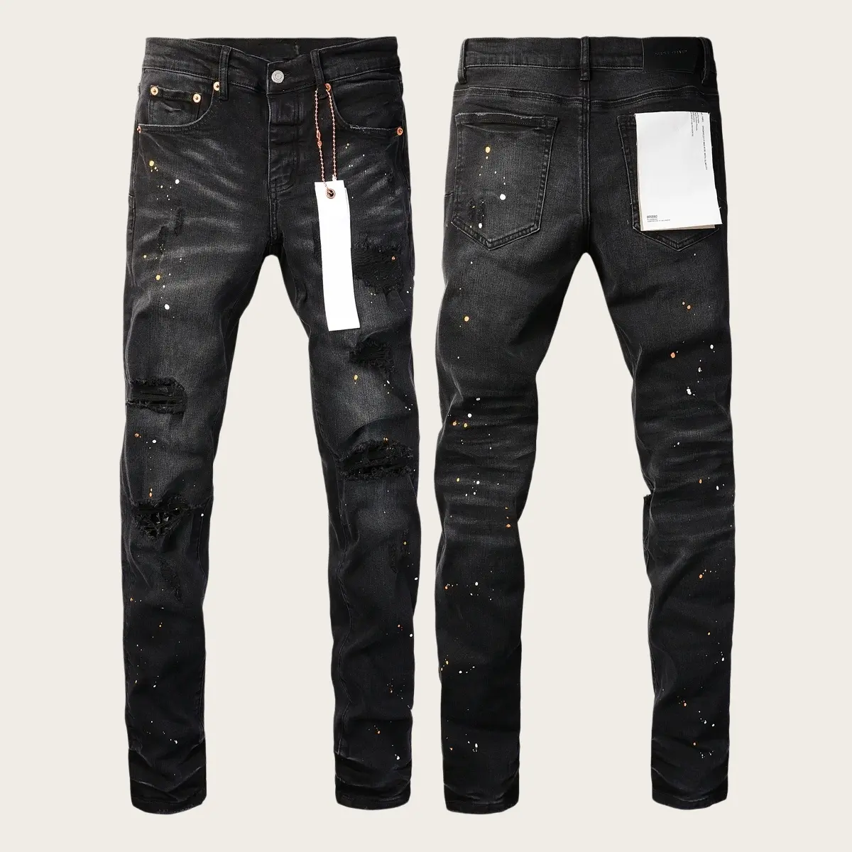 Mens Y2K Vintage Luxury Designer Stacked Jeans Trend Vintage Washed Knee Ripped Paint Splash Slim Tapered Cuff Stretch Denim New Tags US Sizes 28-40