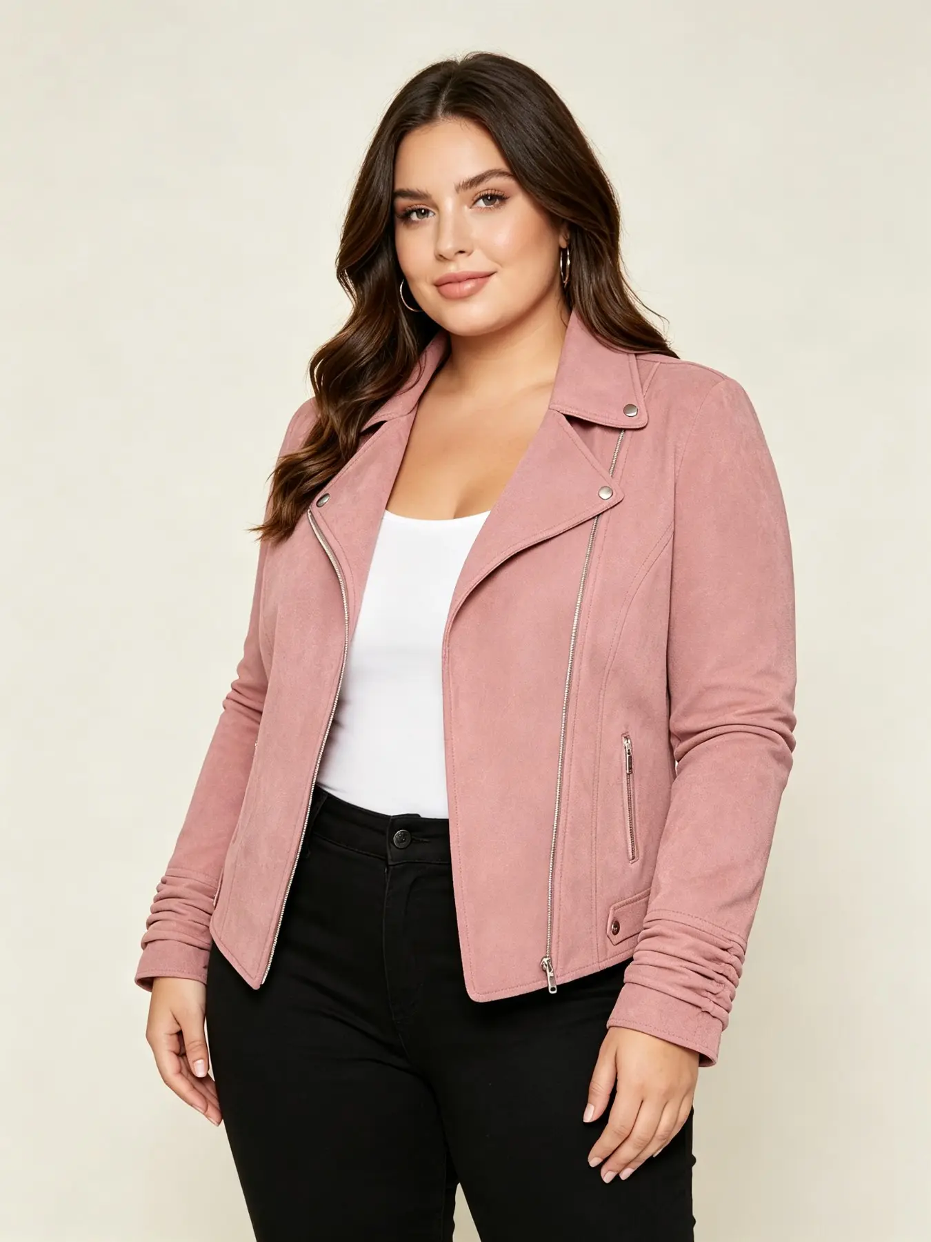 Faux Suede Short Casual Motorcycle Jacket, American Vintage Slim Fit Zipper Coat, Plus Size Women's Commuter Fashion Top Outerwear