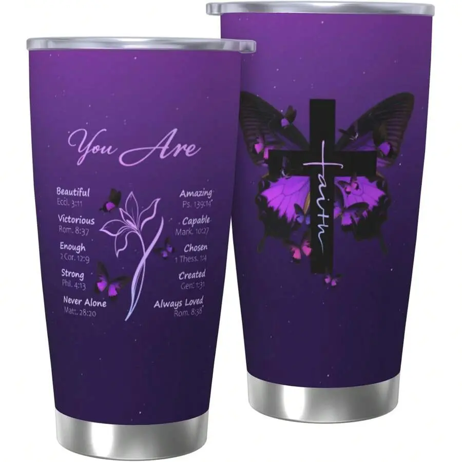 Christian Women, Purple Stainless Steel 20Oz, Inspirational Religious Tumbler Gifts For Mom, Friend, Sister, Faith Scripture Design Cup, Halloween Christmas Gift