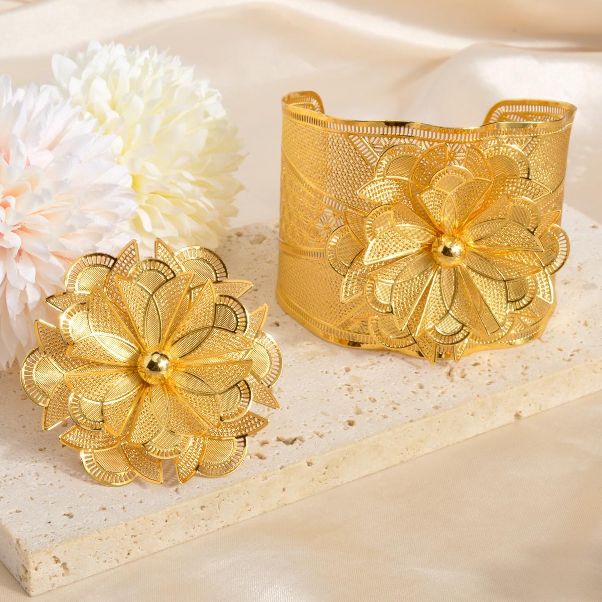 ZEADear Luxury Gold Plated Bangle Ring Sets Dubai Ethiopia France Indian Flower Rings Bracelet For Women Wedding Jewelry Gift