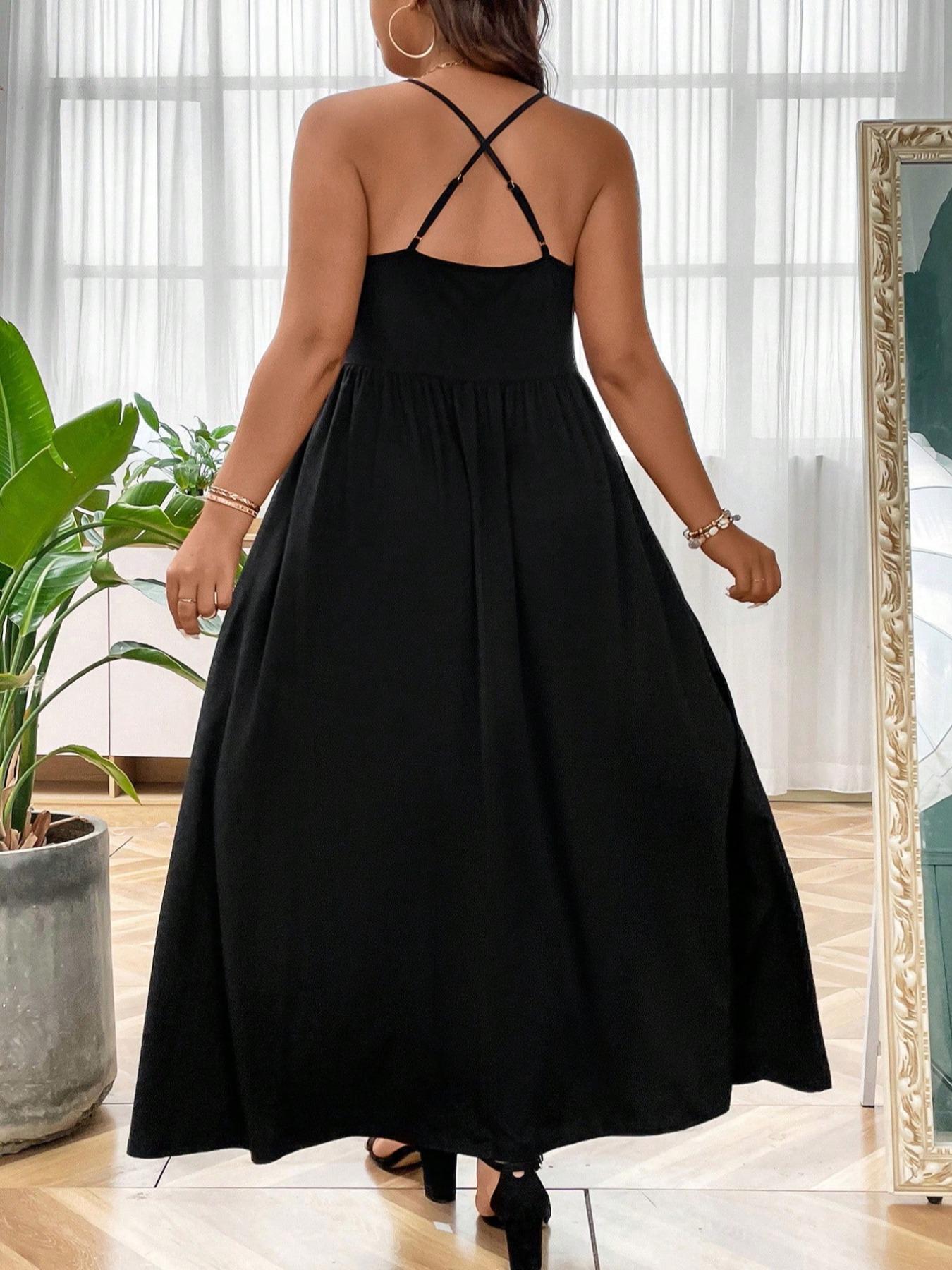 Plus Size Criss Cross Backless Cami Dress, Casual Solid Sleeveless Spaghetti Strap A-Line Dress for Summer, Women's Clothes for Party Holiday Womenswear Plus Size Criss Cross Backless Cami Dress, Casual Solid Sleeveless Spaghetti Strap A-Line Dress for Summer, Women's Clothes for Party Holiday Womenswear