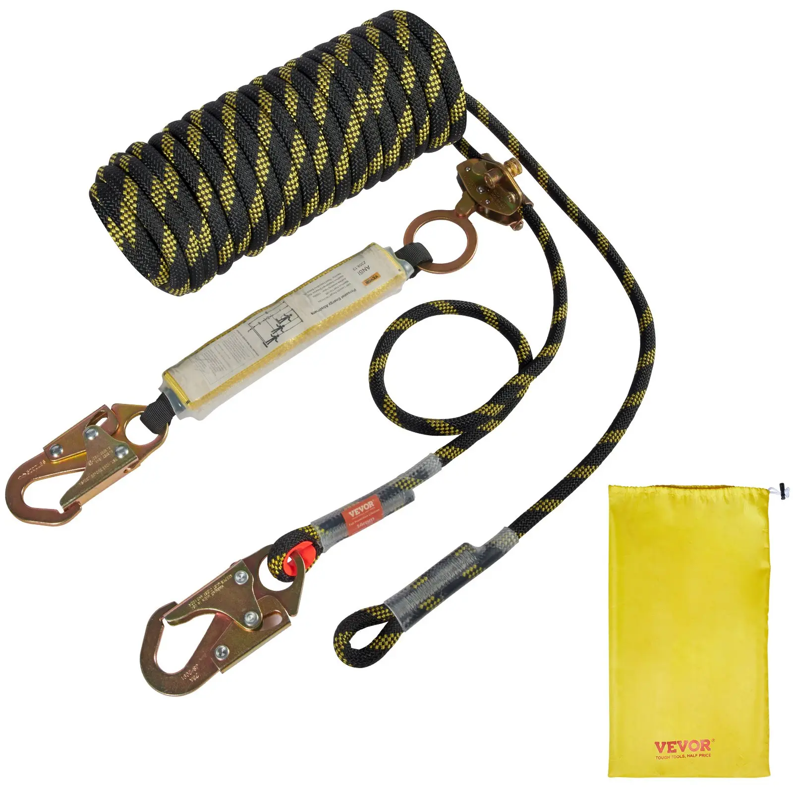 VEVOR Vertical Lifeline Assembly, 0.55''x 25' Fall Protection Rope with 30 KN Breaking Tension, Polyester Roofing Rope with Steel Snap Hooks, Rope Grab, and Shock Absorber, ANSI Compliant