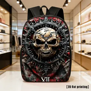 Dark Red Grunge Texture Background Cracked Skull Spiked Thorn Metal Gear Ring Roman Numeral XII Print Large Capacity Backpack Water Resistant Unisex Student School Rucksack Breathable Mesh Padded Shoulder Straps Elastic Mesh Water Bottle Side Pocket Gothi