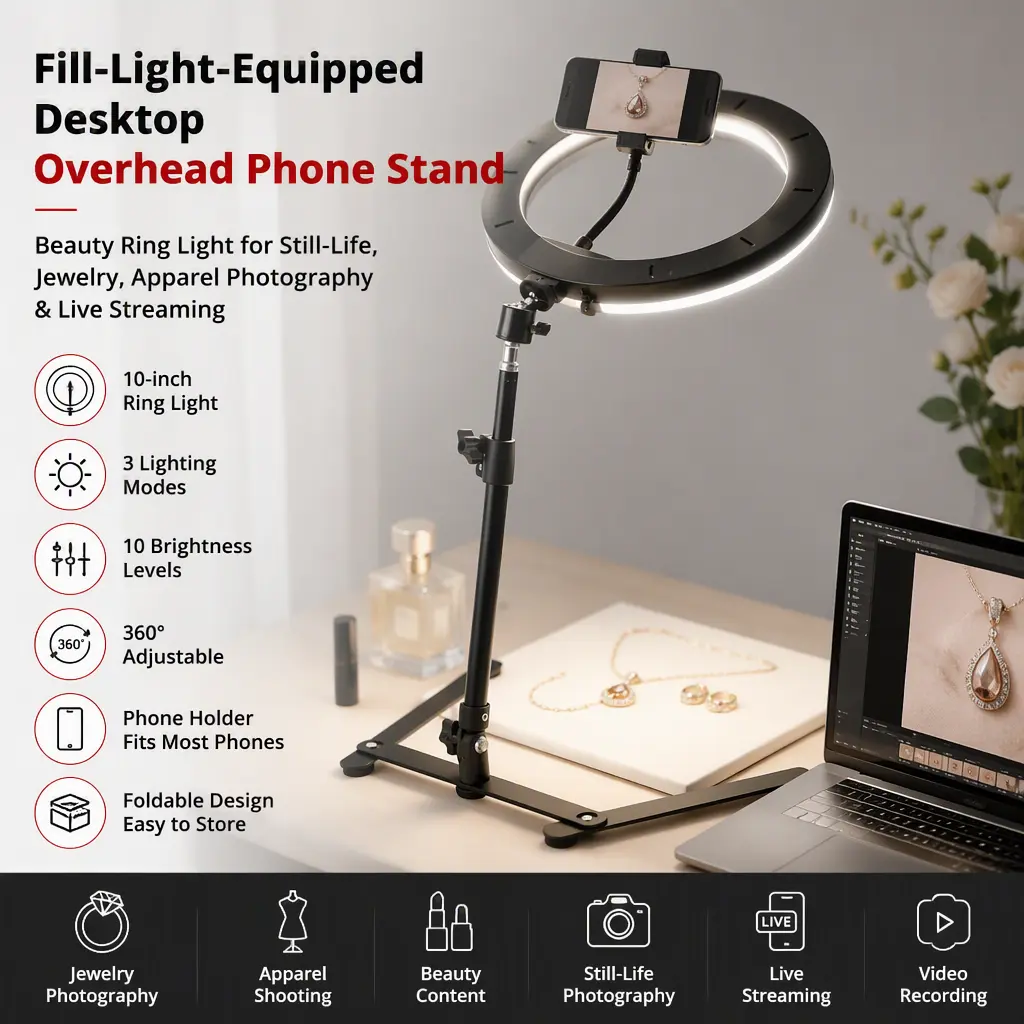 Ring Beauty Fill‑Light Desktop Overhead Phone Stand, Perfect for Still‑Life, Jewelry, Garment Shooting and Live Streaming