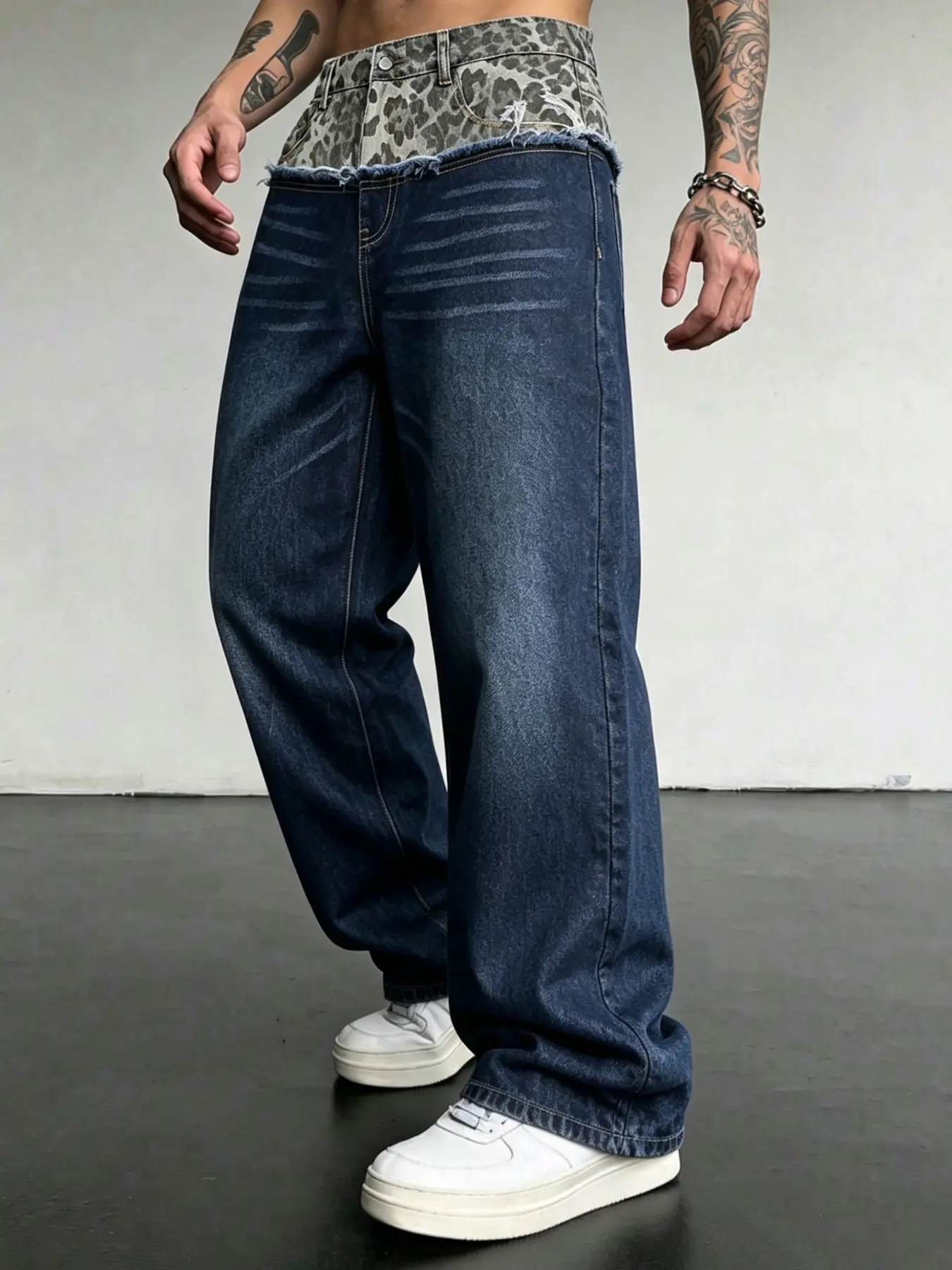 Y2K American High Street Leopard Print Patchwork Frayed Tear Ripped Denim Jeans, Trendy Versatile Men's Ankle-Length Loose-Fit Pants
