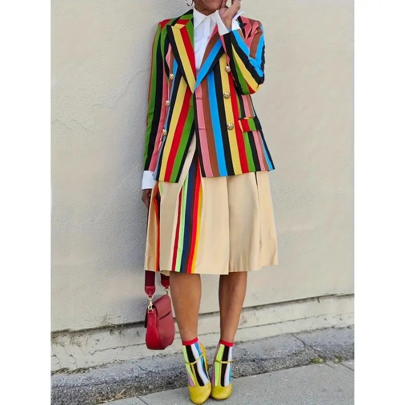 Women's Colorful Stripe Sports Jacket - Casual Long Sleeve Double-Breasted Jacket with Pockets, Rainbow Design, Polyester Spandex Blend, Machine Washable, Perfect for Daily Style