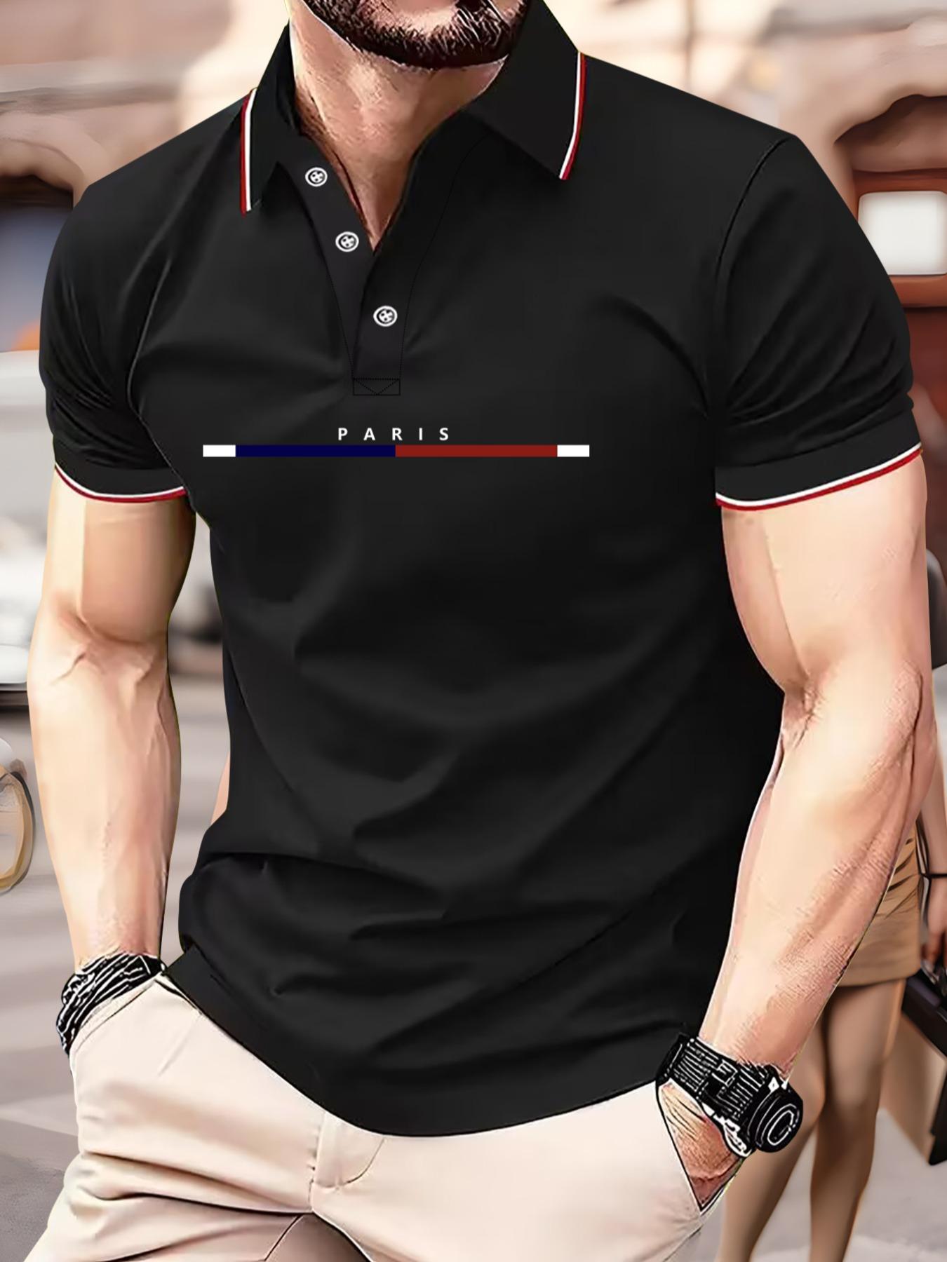 Men's Letter Graphic Short Sleeve Polo Shirt, Regular Fit Casual Striped Trim Half Button Collar Top for Summer, Fashion Men's Clothes for Daily Wear, Polo Shirts for Men, Summer Outfits 2024, Polo Clothes, Fitted Aesthetic
