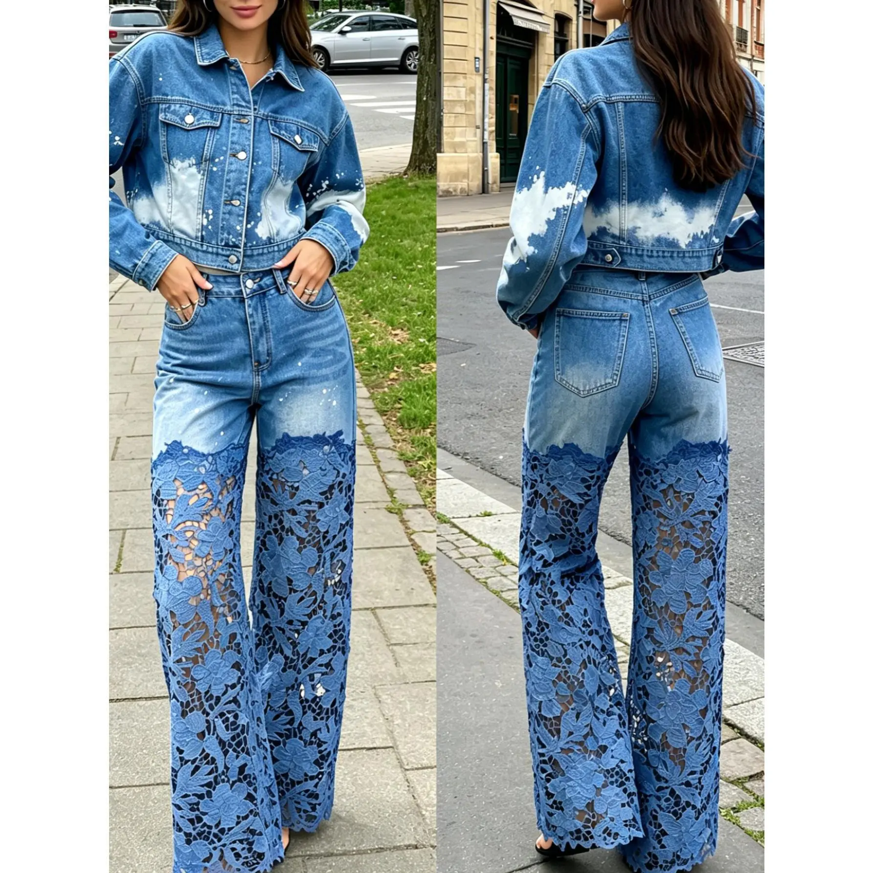Women's Light Blue High-Waist Flare Lace Denim Long Jeans - Floral Splice, Splash Detail, All-Seasons Loose-Cut Casual Bottoms