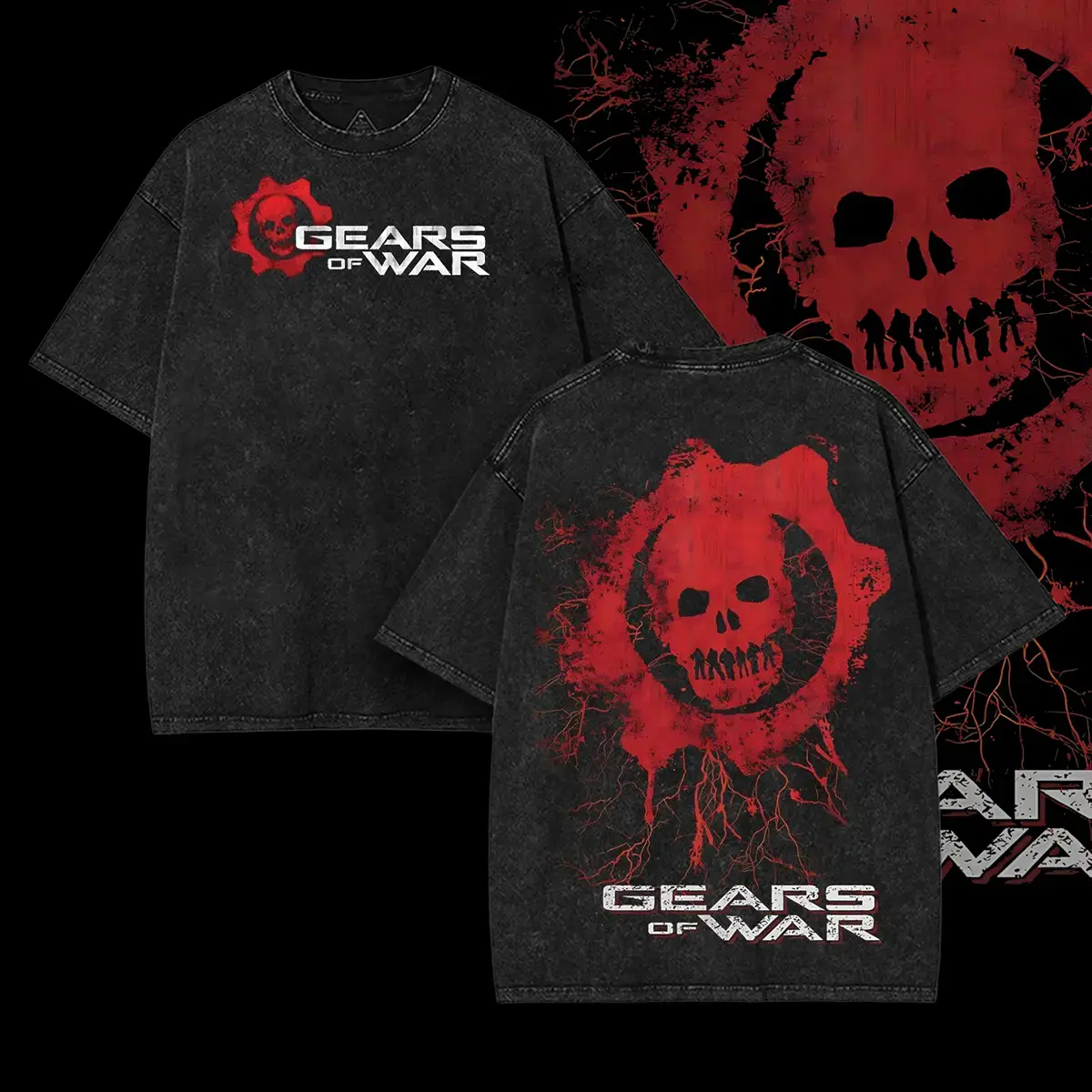 Thrift Distressed Vintage Dark Shooter Tee Big Gears Of War Red Blood Skull Gear Graphic Back Mini Red Gear Skull Chest Logo Front Grunge Casual Shirt