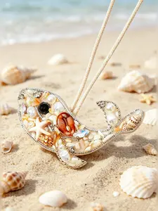 Oceanic Whale Pendant Lanyard, Rhinestone Trimmed with Small Seashells and Starfish, Handmade Beaded Keychain Bag Charm