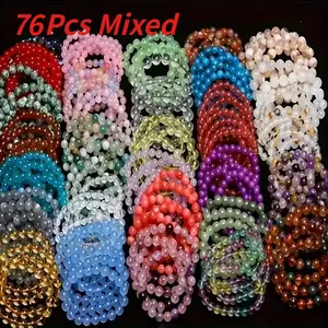 76Pcs Mixed Handmade Bohemian Beaded Bracelets, Multicolor Cracked Glass Bead Bangles Collection, No Metal Plating, Party Vacation Year-Round Jewelry Gifts