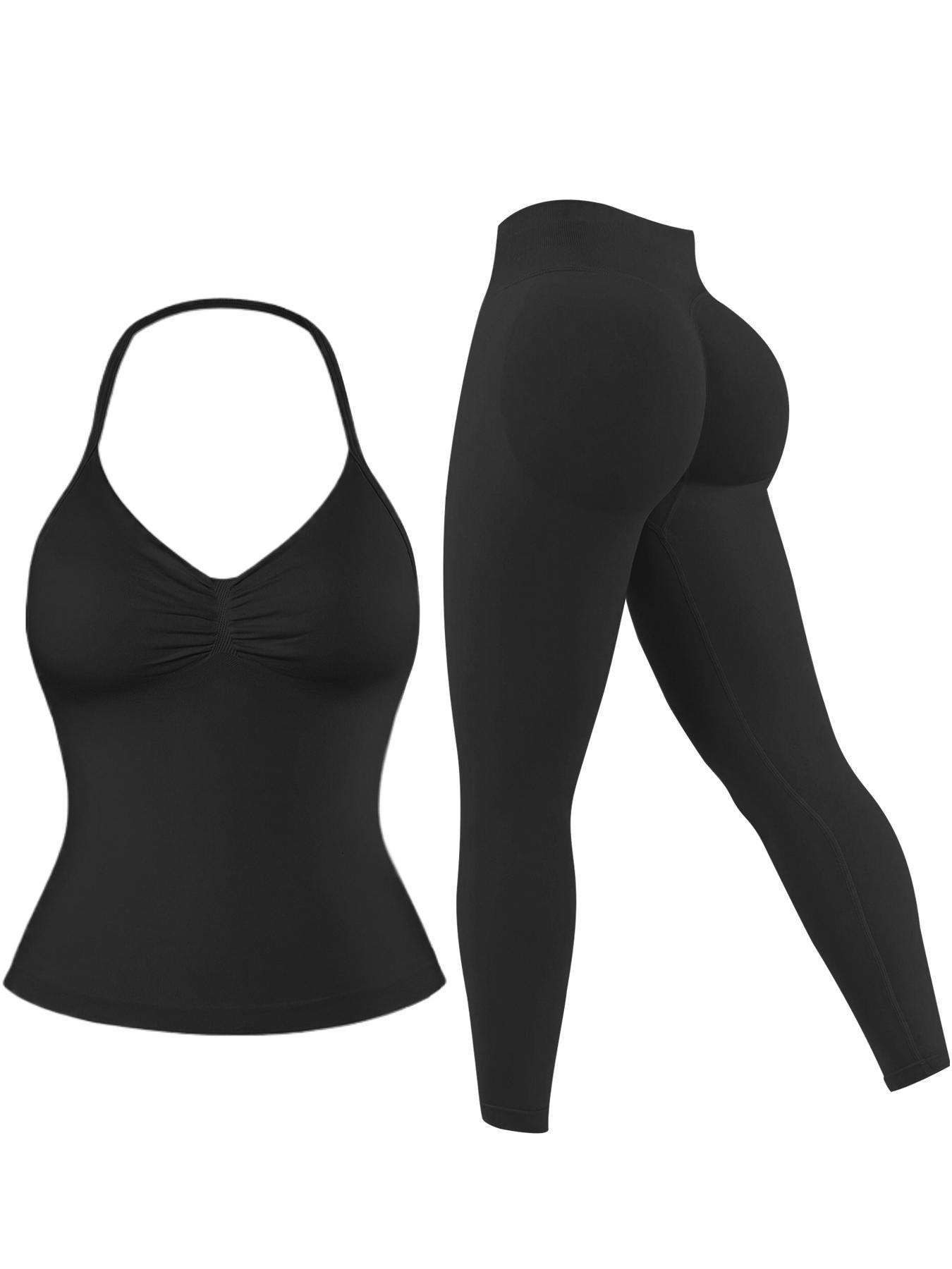 Women's Solid Halter Neck Sports Top & Leggings Set, Sporty Casual Breathable Two-piece Set for Yoga Gym Workout Running, Ladies Sportswear for All Seasons Workout Running Outfits