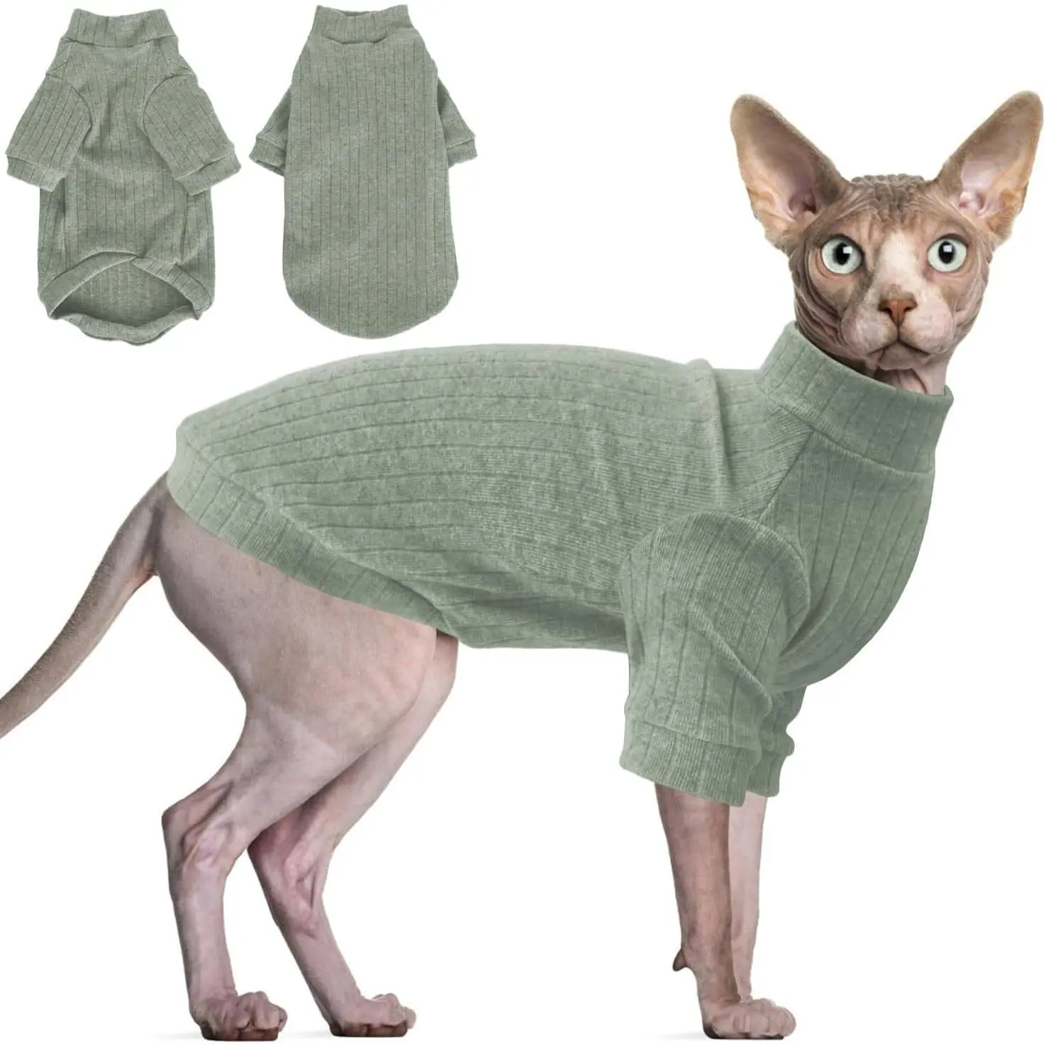 Sphynx Hairless Cats Soft Cotton Sweater Shirt Winter Turtleneck Pajamas Jumpsuit Pet Apparel for Cats Teacup Chihuahua Small Puppy (Green,XS)